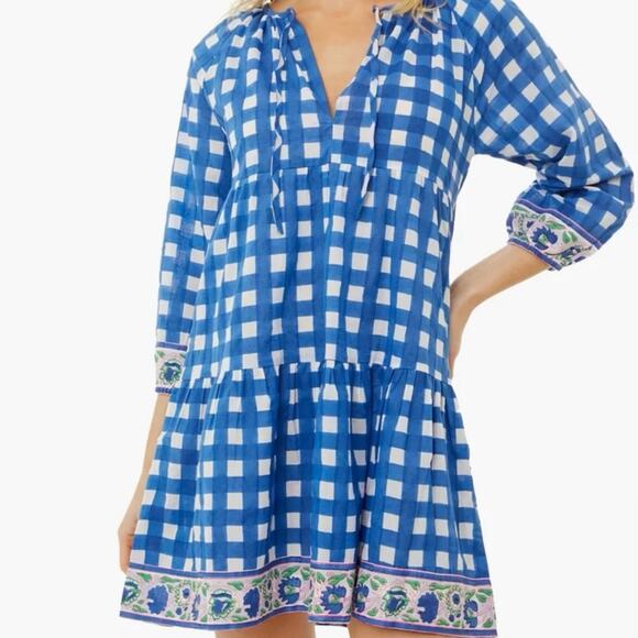 SZ Blockprints Priya Dress Size L London Blue Gingham Cotton Casual Tuckernuck - Picture 2 of 14